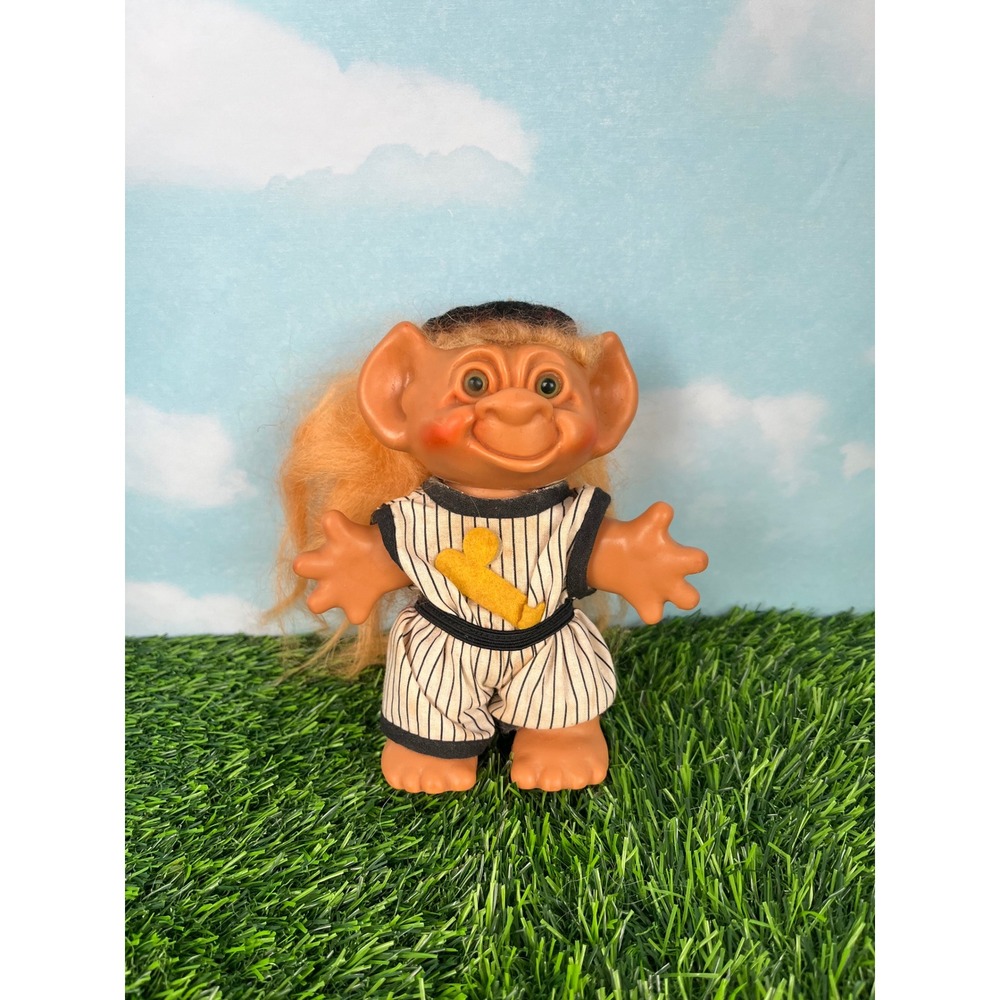 Vintage Uneeda Wishnik Troll Doll Baseball Player Pinstripe Uniform Collectible